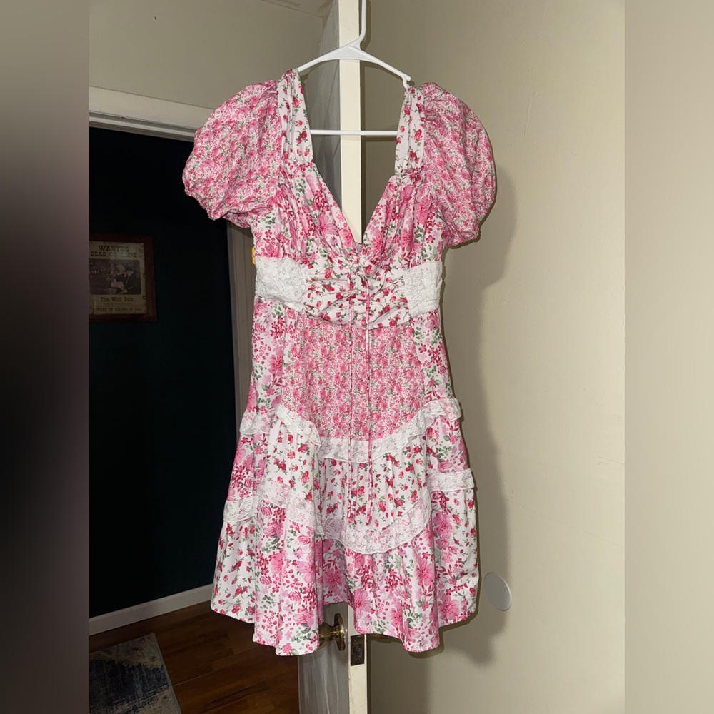 Pink Floral Mini Dress with Puff Sleeves